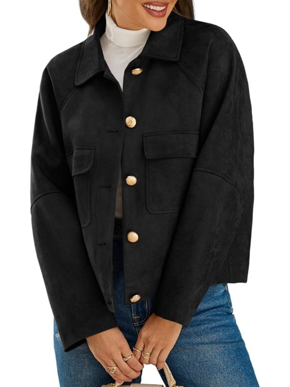 Women’s Black Faux Suede Shacket Button Down Lapel Collar Cropped Jacket